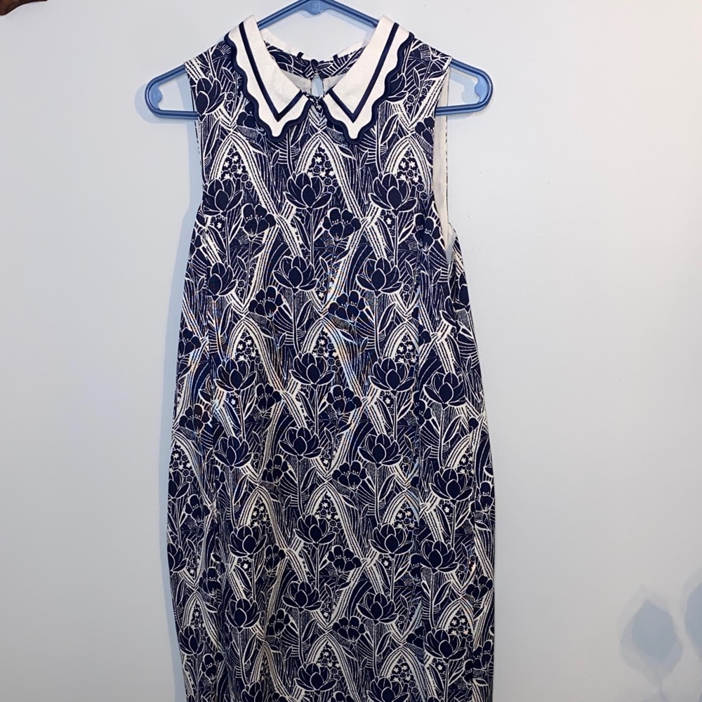 Maeve by Anthropologie Navy and White Lattice Mini Dress